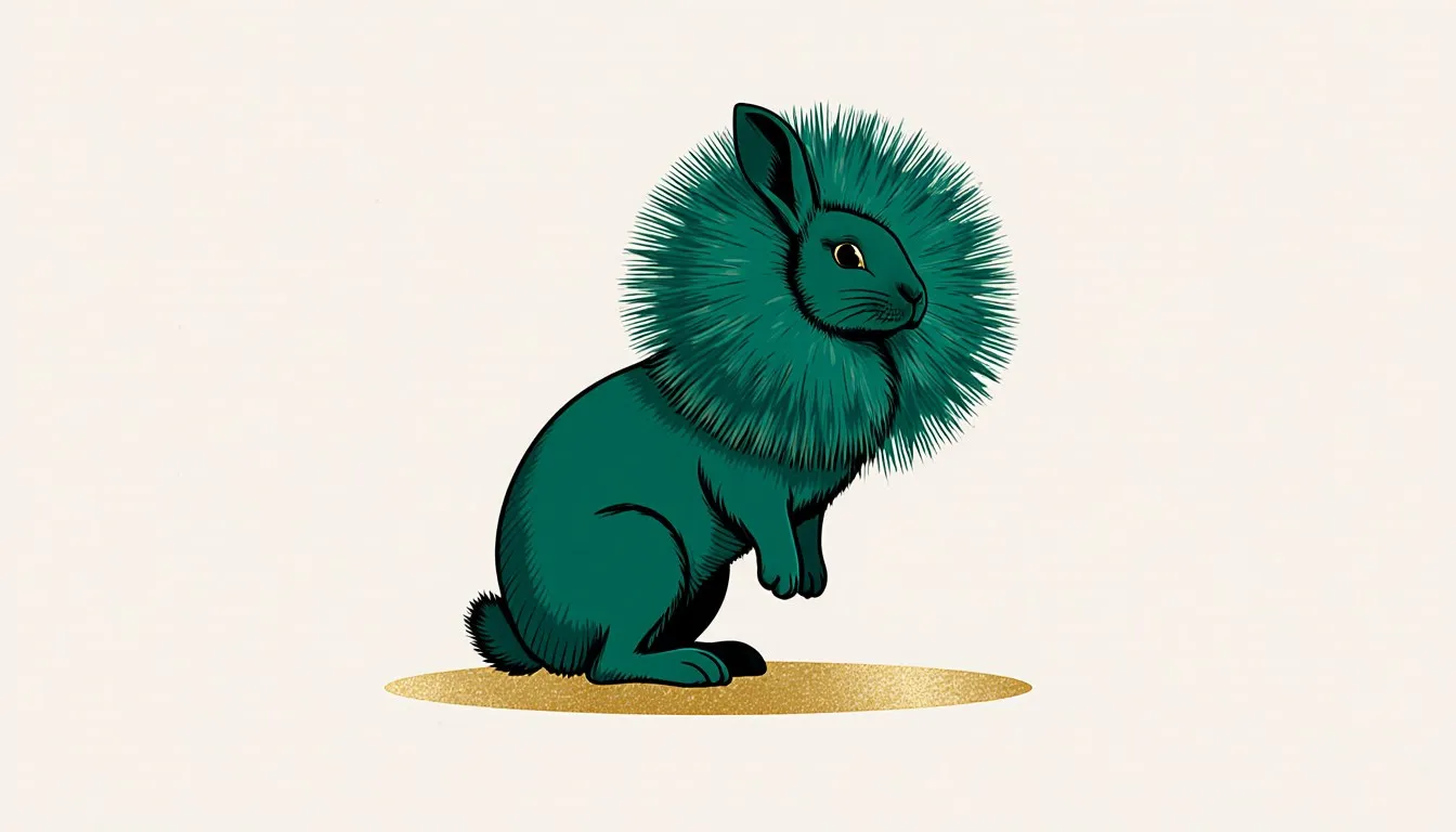 Illustration of a lionhead rabbit with a thick, fluffy mane of fur encircling its head, sitting alert
