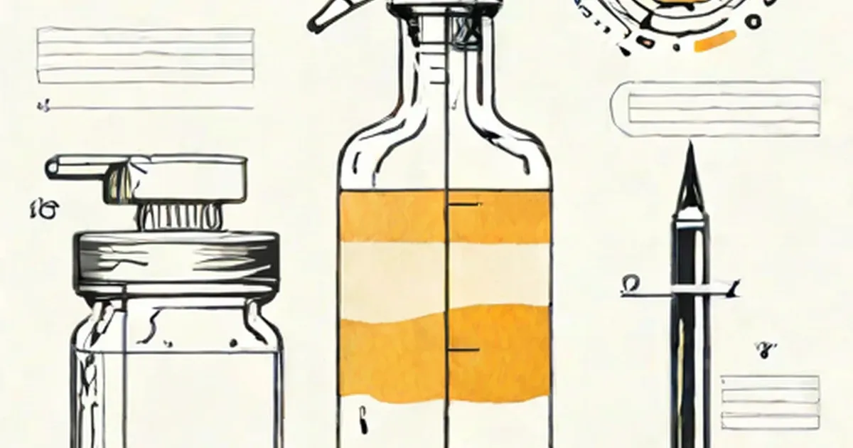 Bottle, measuring cup, and dropper with liquid and measurement markings
