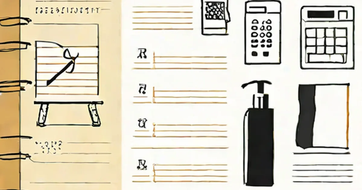 Sketched writing and office tools including notebook, pen, calculator, and planner