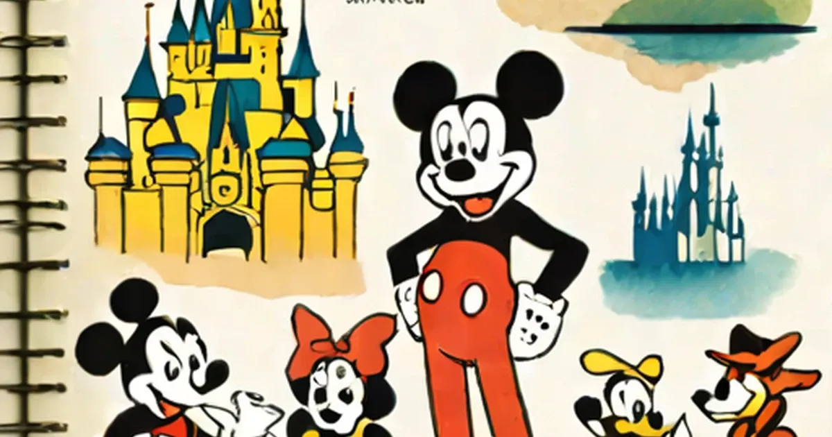 Mickey Mouse and classic Disney characters surrounded by yellow and blue castles