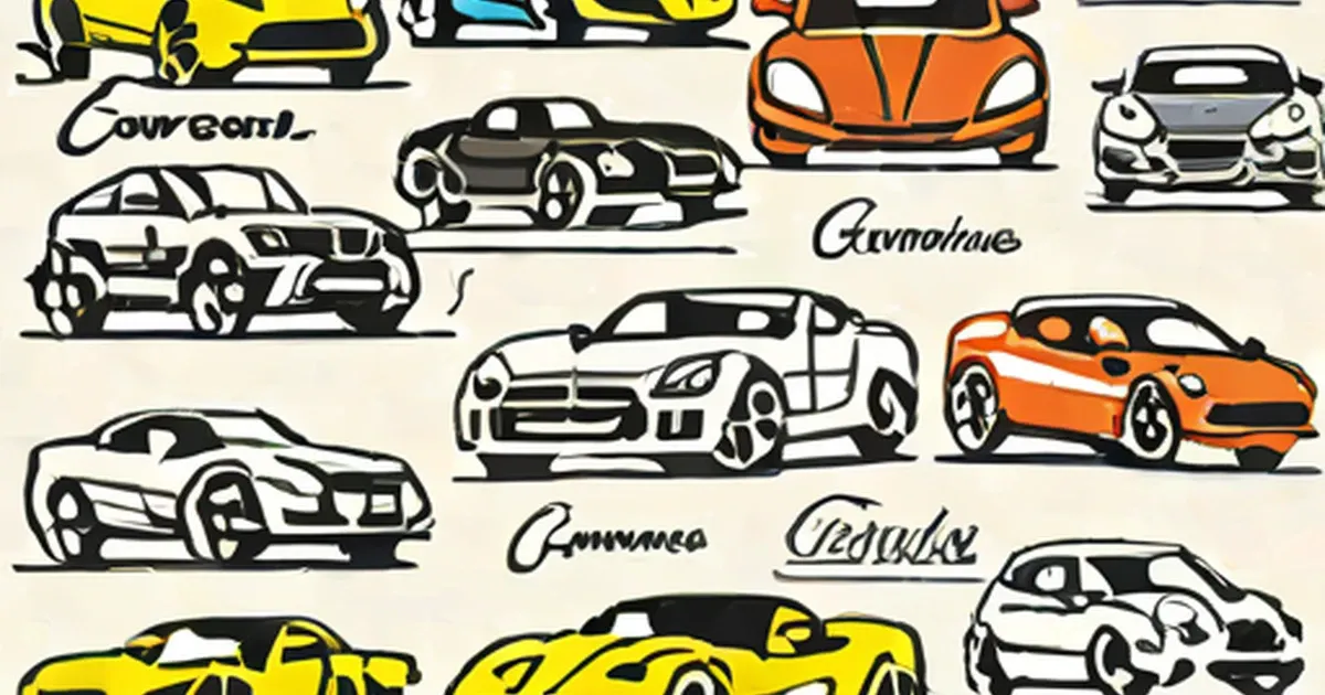 Collection of stylized car illustrations labeled with automotive brand names