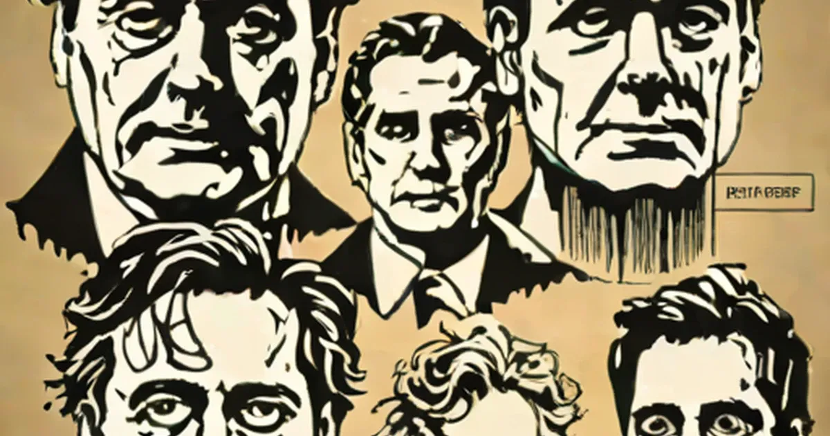 Five men’s faces in black and white vintage poster illustration style