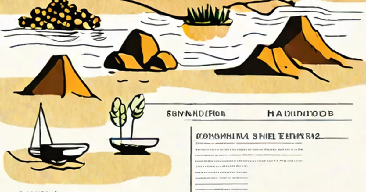 Illustration showing natural resources: mineral deposits, rocks, plants, water, and a boat