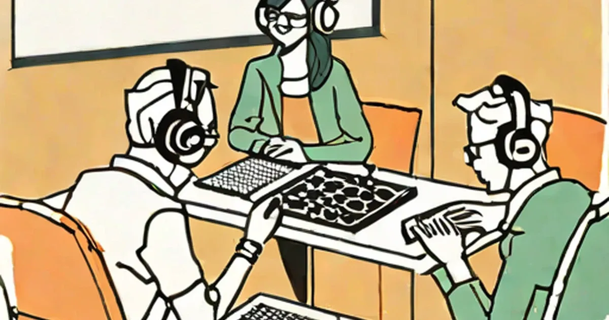 Three adults wearing headphones play games around a table