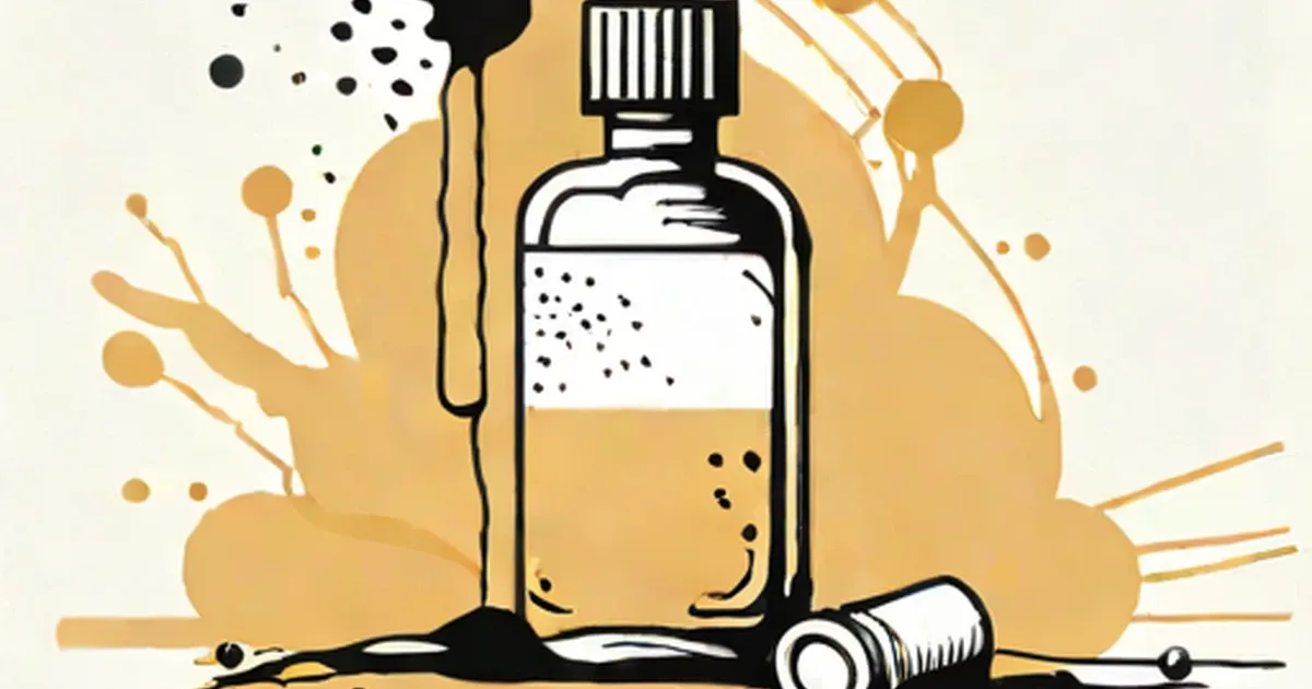 Illustration of a medicine bottle with liquid and dropper on a tan background with molecular elements