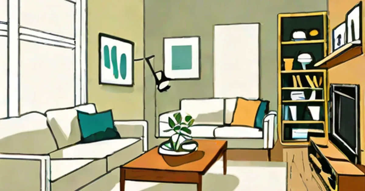 Living room illustration with sage walls and teal, orange accents