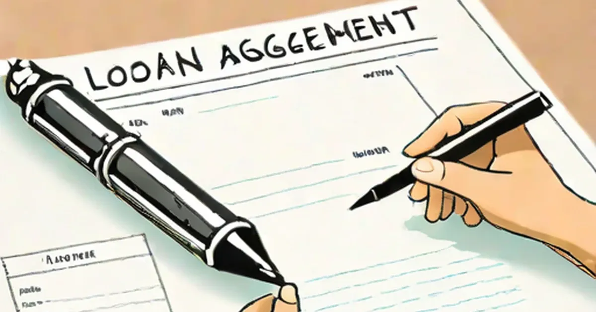 Hand with pen signing a loan agreement document