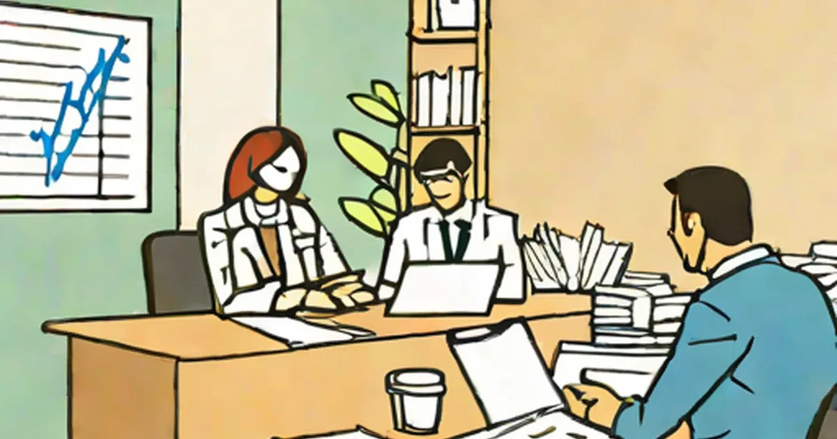 Bankers and client reviewing papers at a desk in an office