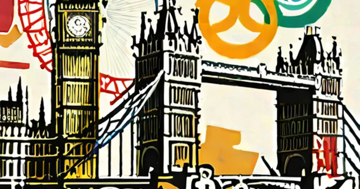 Illustrated London landmarks with Olympic rings