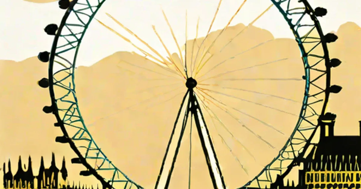 Illustration of the London Eye with radiating cable supports and silhouetted city landmarks