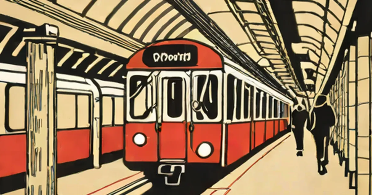 Vintage illustration of a red Tube train at an Underground station