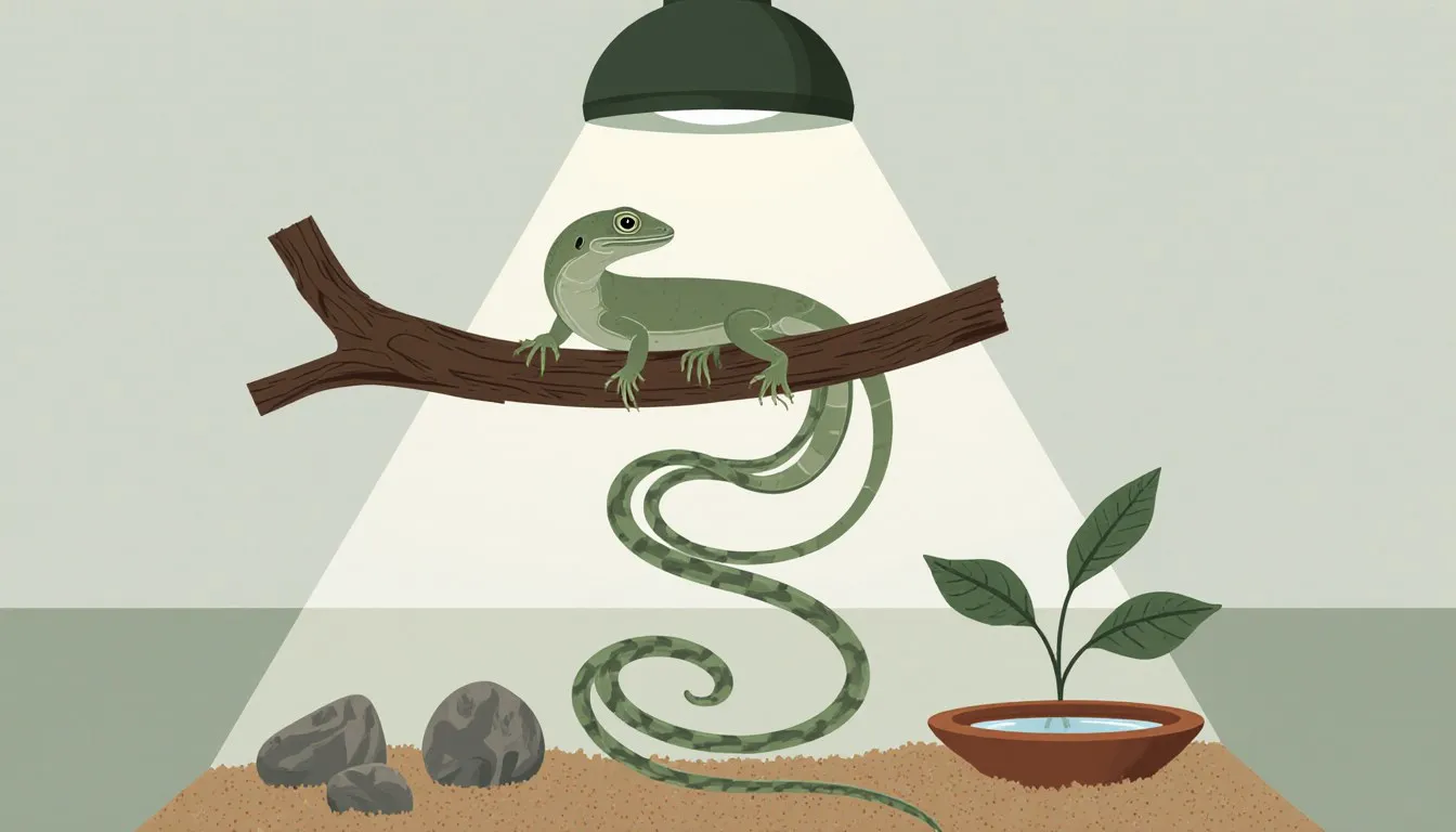 Illustration of a long-tailed lizard on a branch, its tail coiling far below in its terrarium enclosure