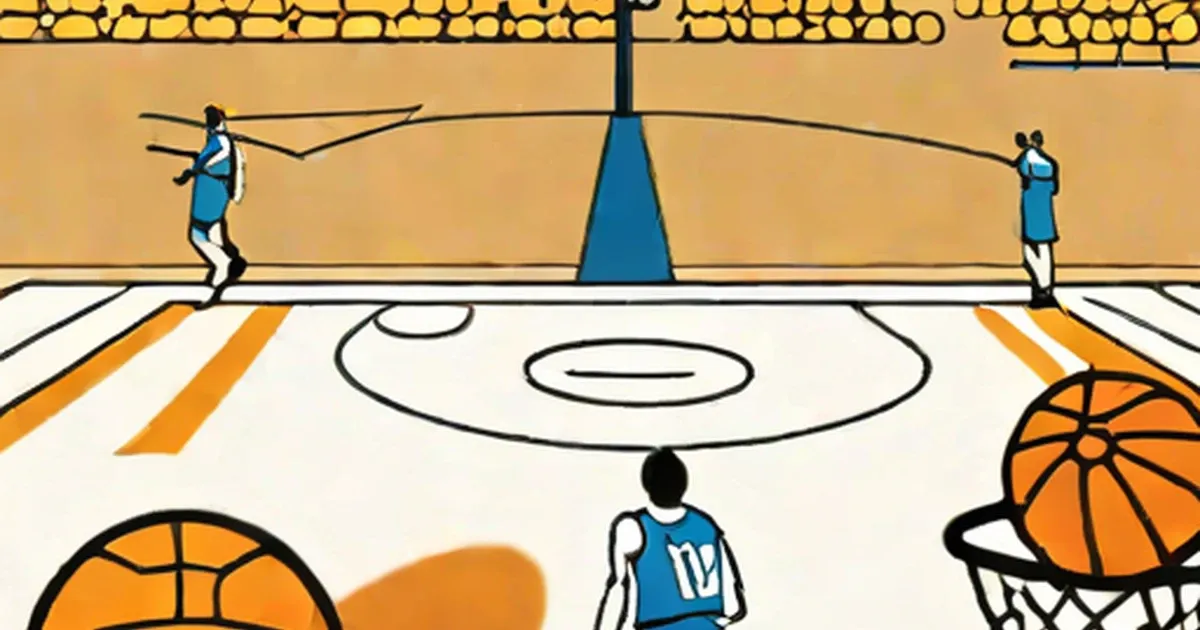 Two players hold a balance scale above a basketball court