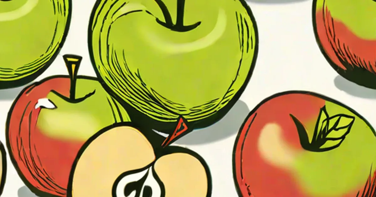 Illustrated green and red apples with one cut in half showing seeds
