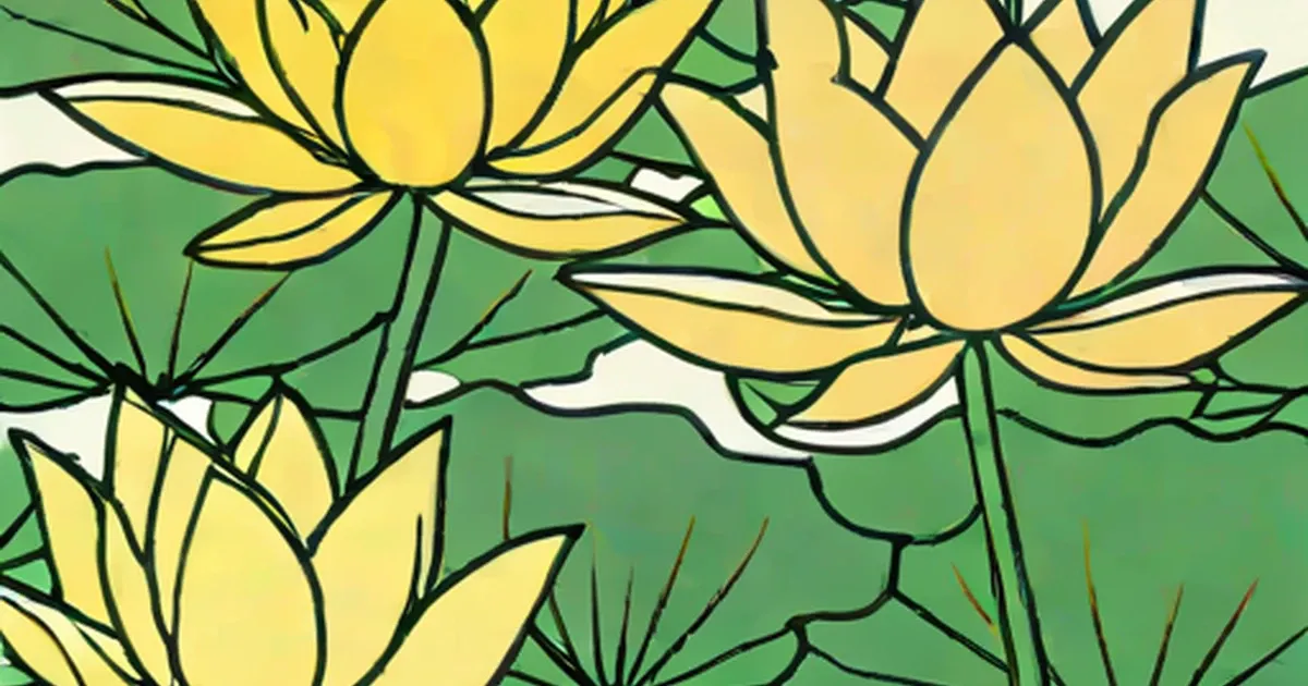 Yellow lotus flowers with green lily pads and dark outlines