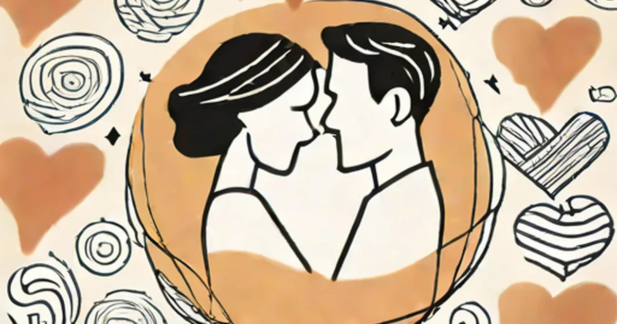 Minimalist illustration of two faces in profile with decorative hearts and designs