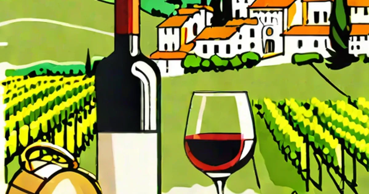 Red wine glass and bottle with Italian vineyard rows and village architecture