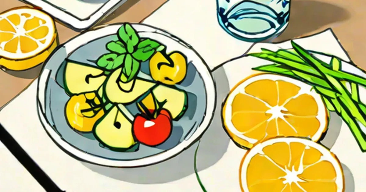 Plate of sliced cucumbers, peppers and tomato with fresh citrus and greens