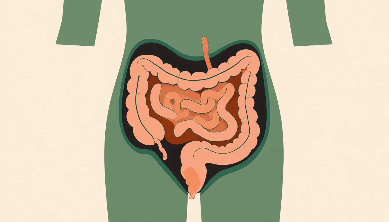 Stylized cutaway illustration of a torso showing the small and large intestine in the lower abdomen