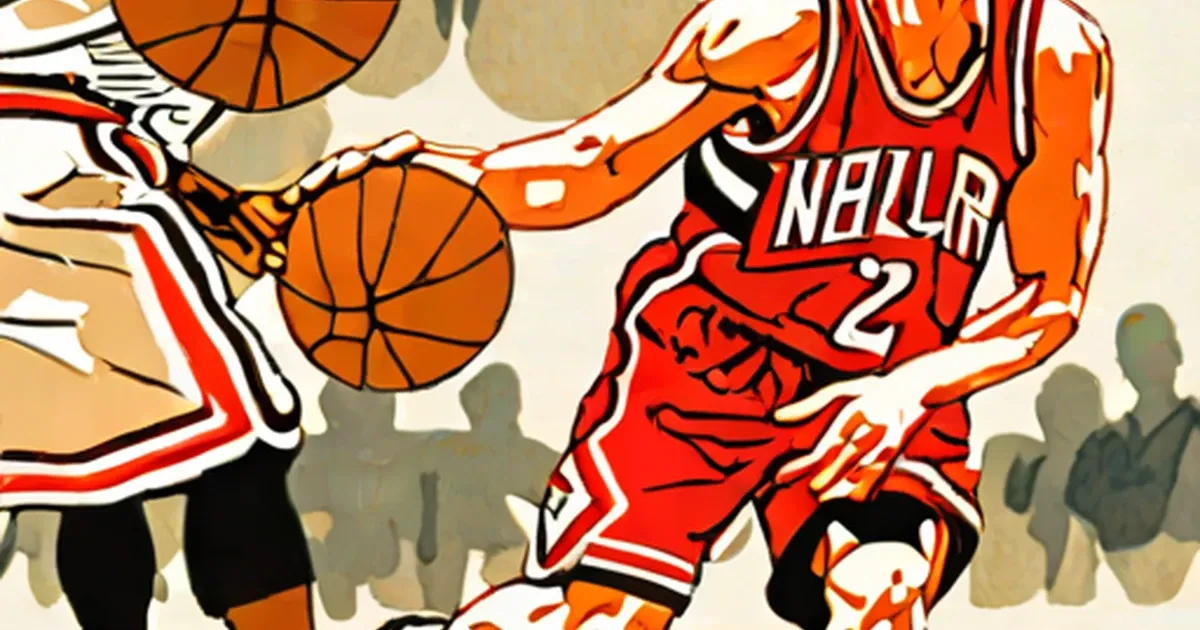 Stylized illustration of a basketball player in a red Chicago Bulls uniform dunking
