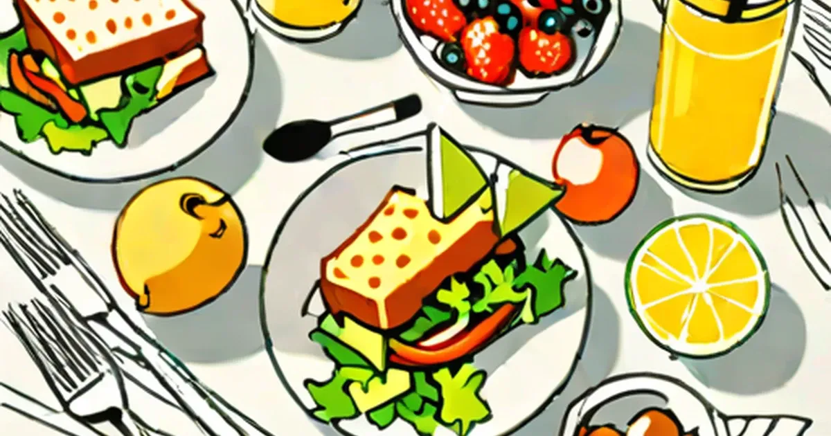Cartoon lunch spread with sandwiches, berries, citrus, and juice