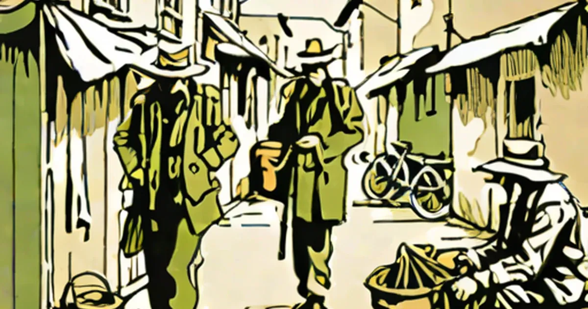 Illustration of Romani people and wicker baskets on an Irish street