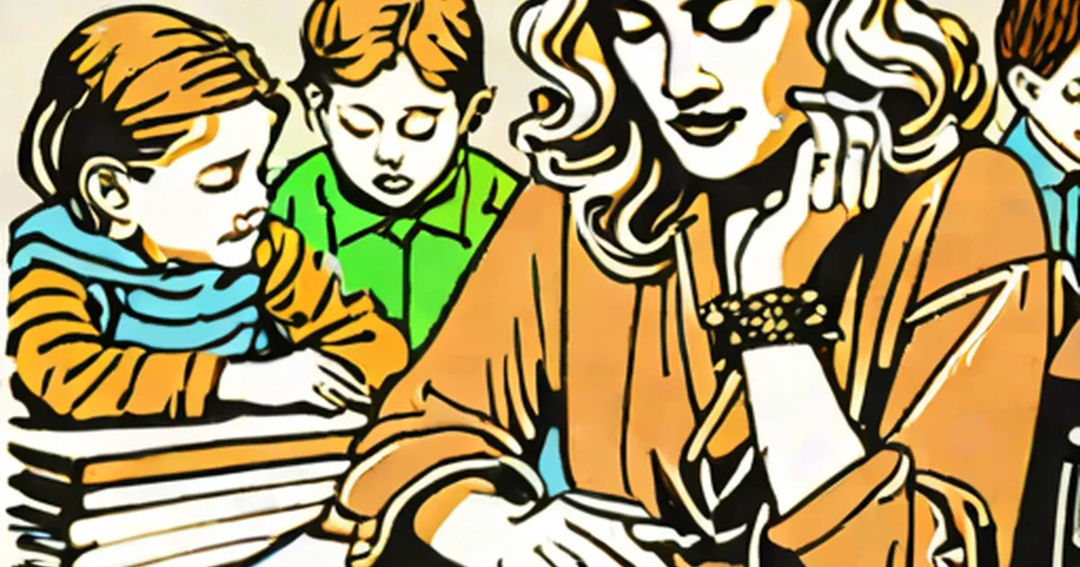 Adult woman with children gathered around a stack of books