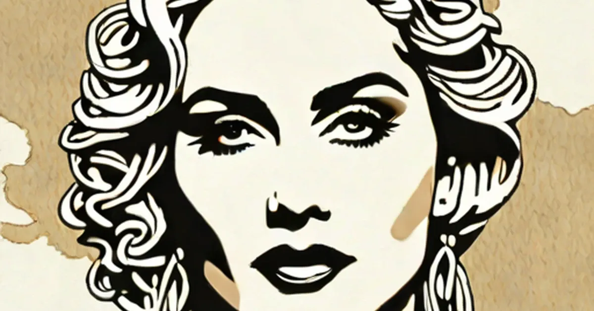 Black and white pop art portrait of Madonna with bold features and curly styled hair
