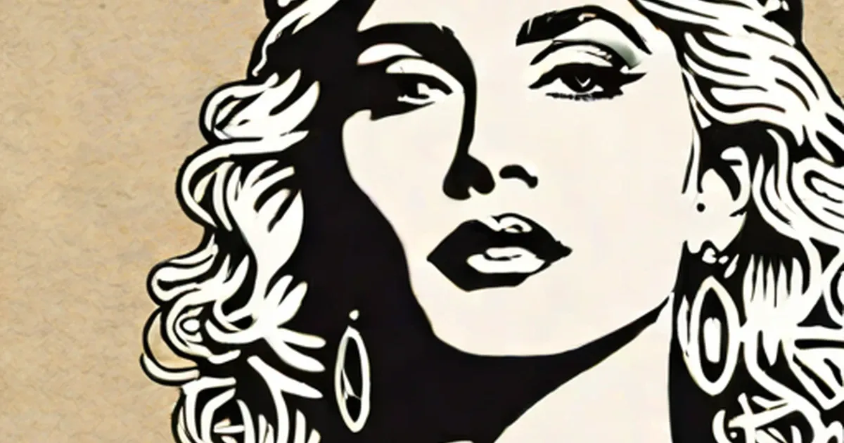Stylized Madonna portrait in black and white with wavy hair, bold makeup, and hoop earrings