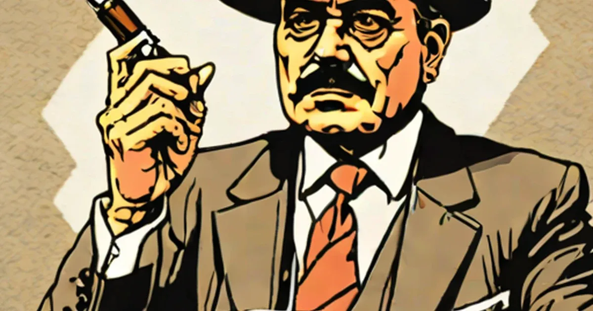 Illustrated man in formal suit and hat holding a pistol