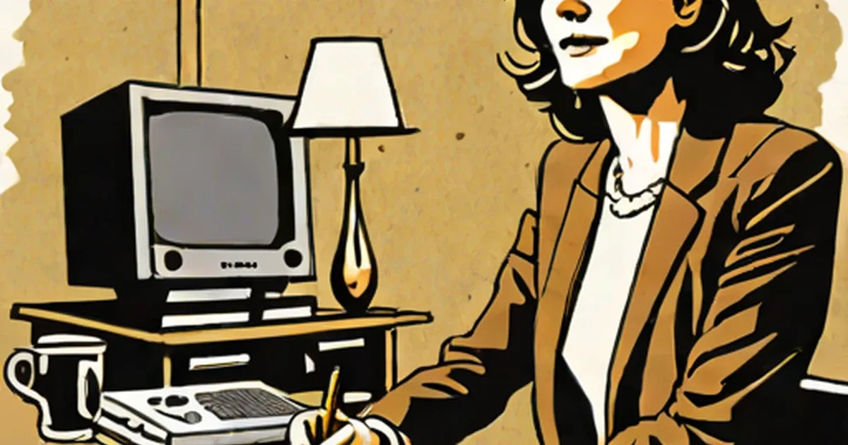Maggie O’Kane at desk with vintage television, mid-century illustration