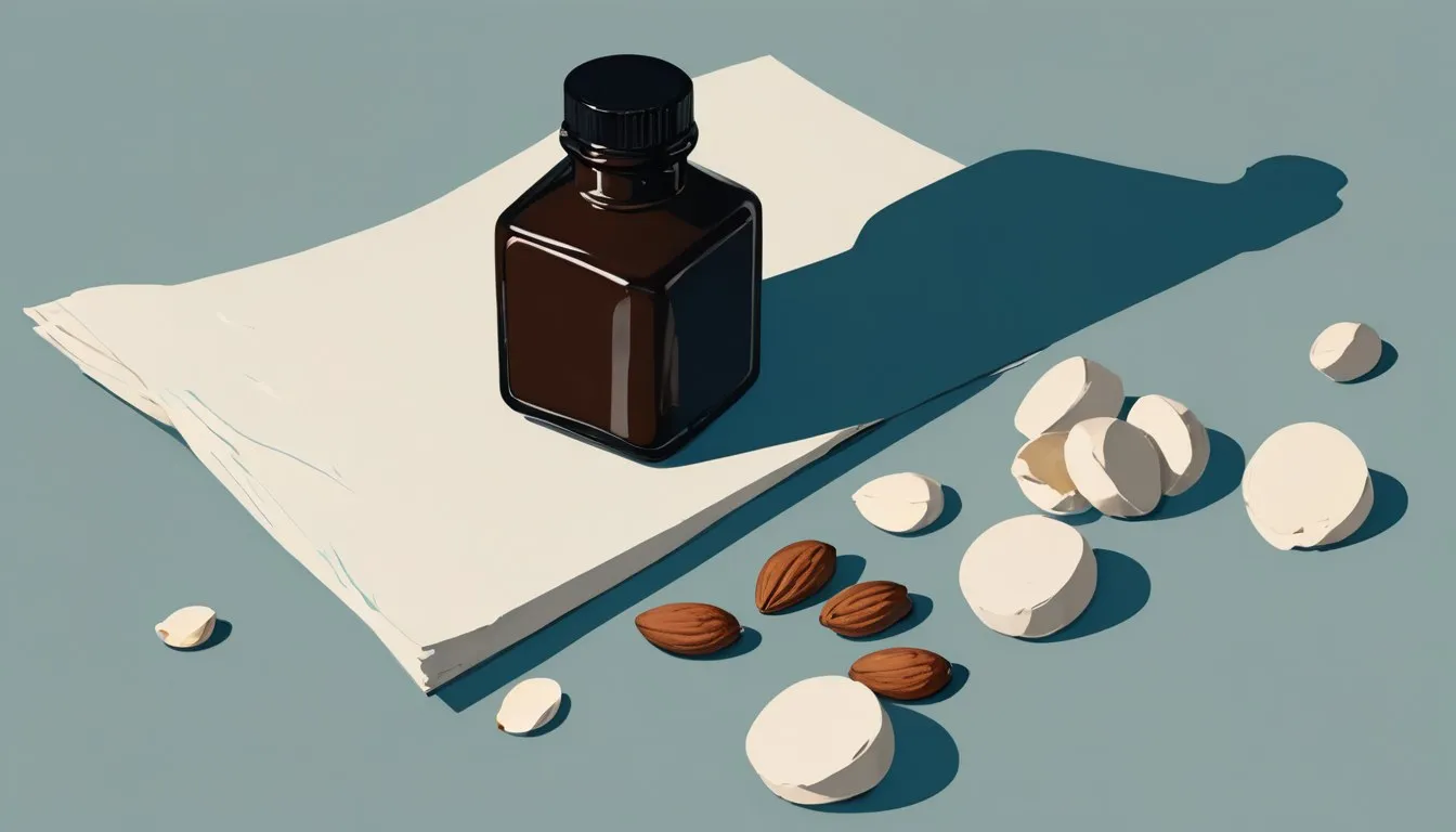 An open supplement bottle with capsules beside almonds, a leafy green, and dark chocolate, representing magnesium sources.