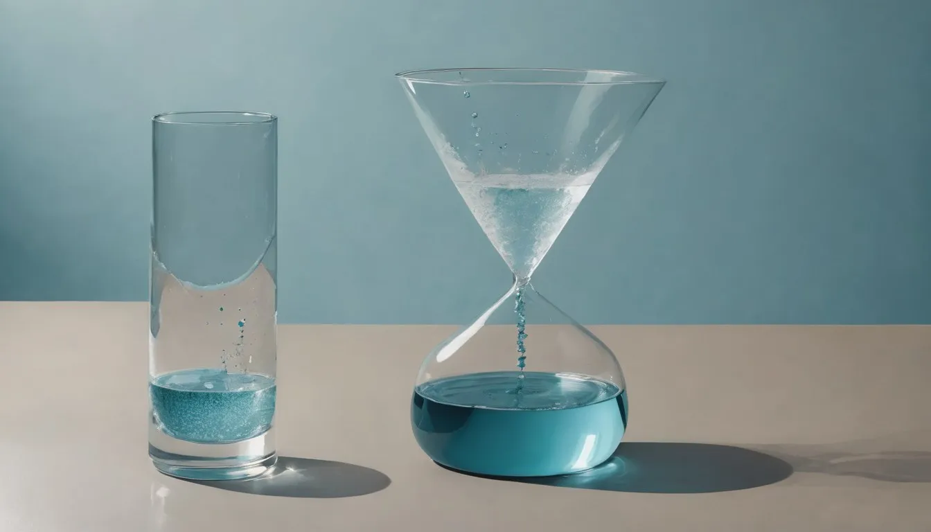 A glass of water with dissolving magnesium citrate crystals beside a simple clock face suggesting elapsed time