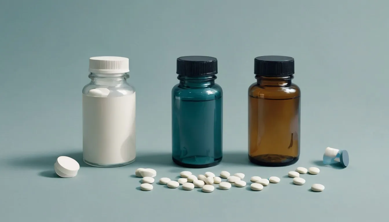 Two unlabeled supplement bottles, one with scattered tablets suggesting movement, the other calm and closed