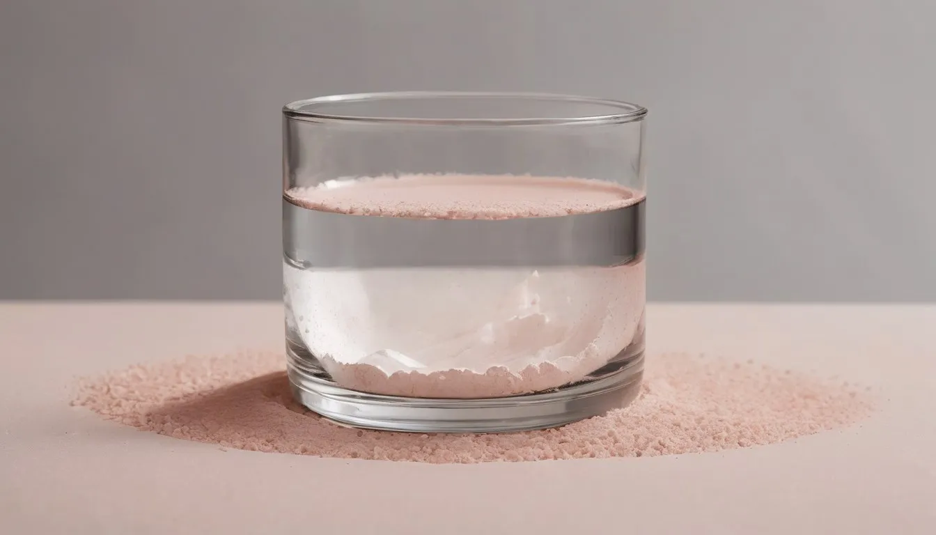 A glass of water with dissolving white powder beside a small mound of citrate powder and a measuring spoon