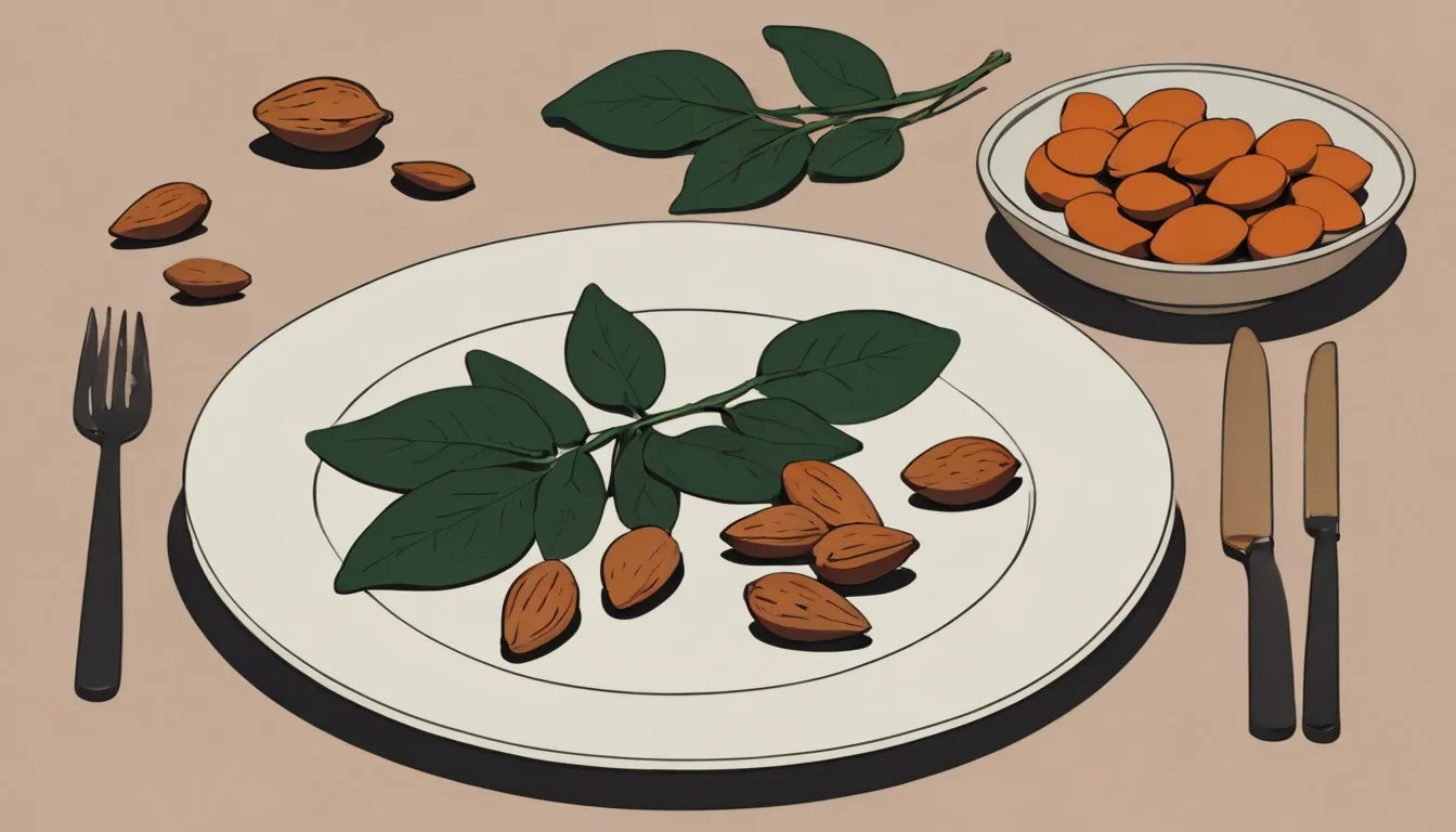 Overhead flat-lay of almonds, spinach, dark chocolate, and magnesium supplement capsules beside a ceramic plate