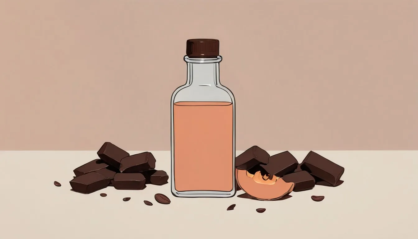 A magnesium supplement bottle with spilled capsules beside pumpkin seeds and a square of dark chocolate.