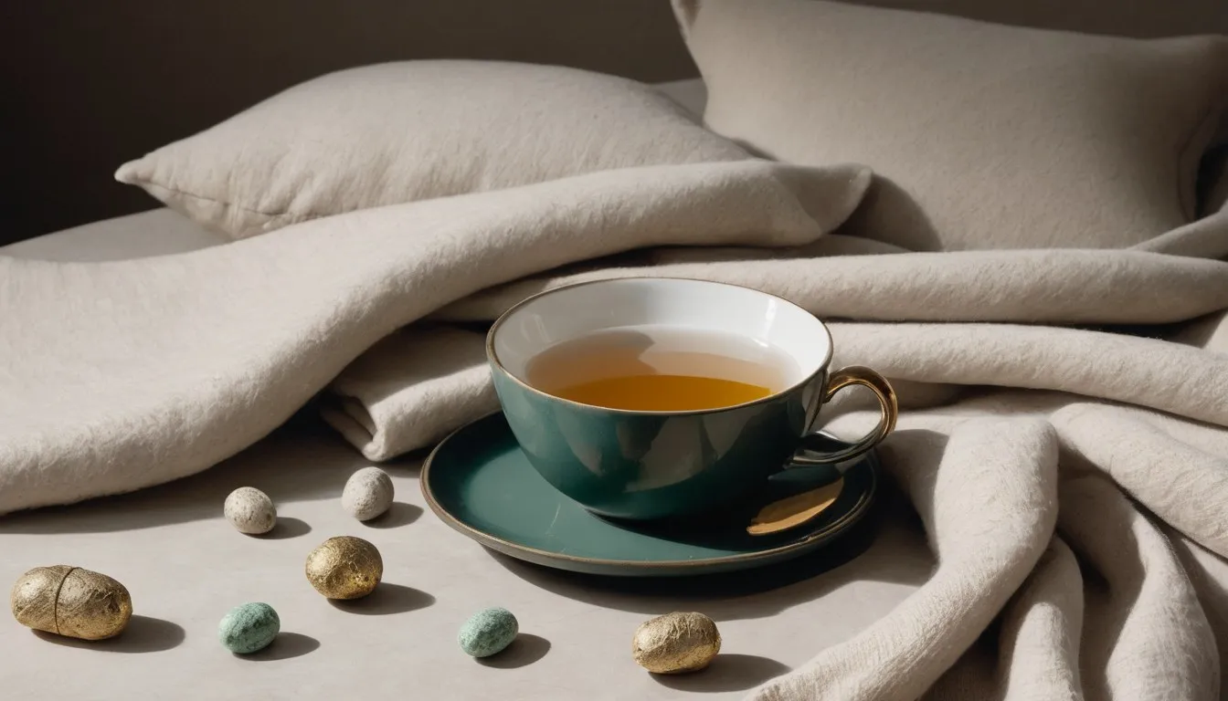 A mug of herbal tea, a folded blanket, and a few magnesium capsules arranged in a calm still-life.