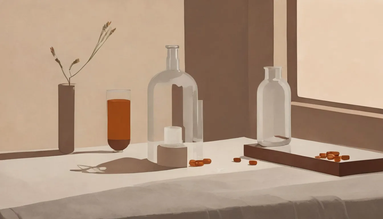 A glass of water, a scatter of magnesium capsules, and a rolled warm compress towel arranged on a bedside surface at night