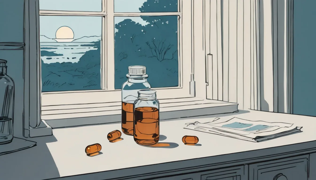 Magnesium capsules spilled beside a water glass on a nightstand, with a crescent moon visible through the window