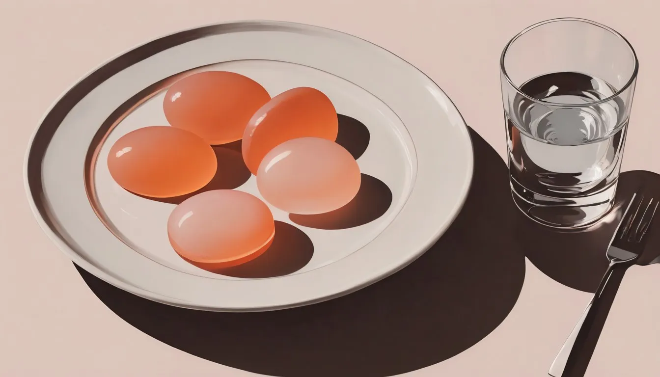 Magnesium glycinate capsules arranged with a glass of water and a small piece of food