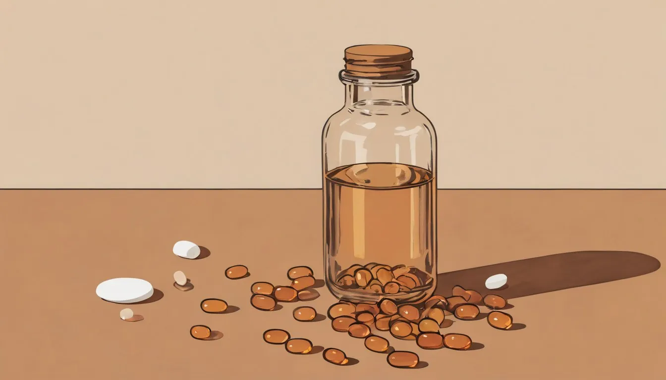 An amber supplement bottle spilling capsules beside a glass of water, evoking magnesium glycinate dosing.