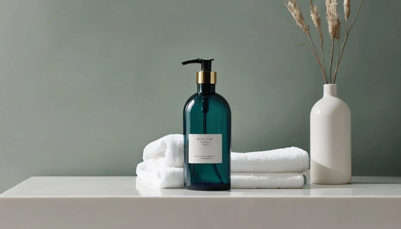 A cobalt-blue glass spray bottle of magnesium oil beside a folded white towel on a bathroom shelf.