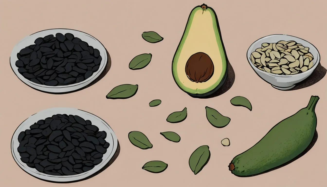 A still-life of pumpkin seeds, a halved avocado, and black beans arranged together as magnesium-rich foods.