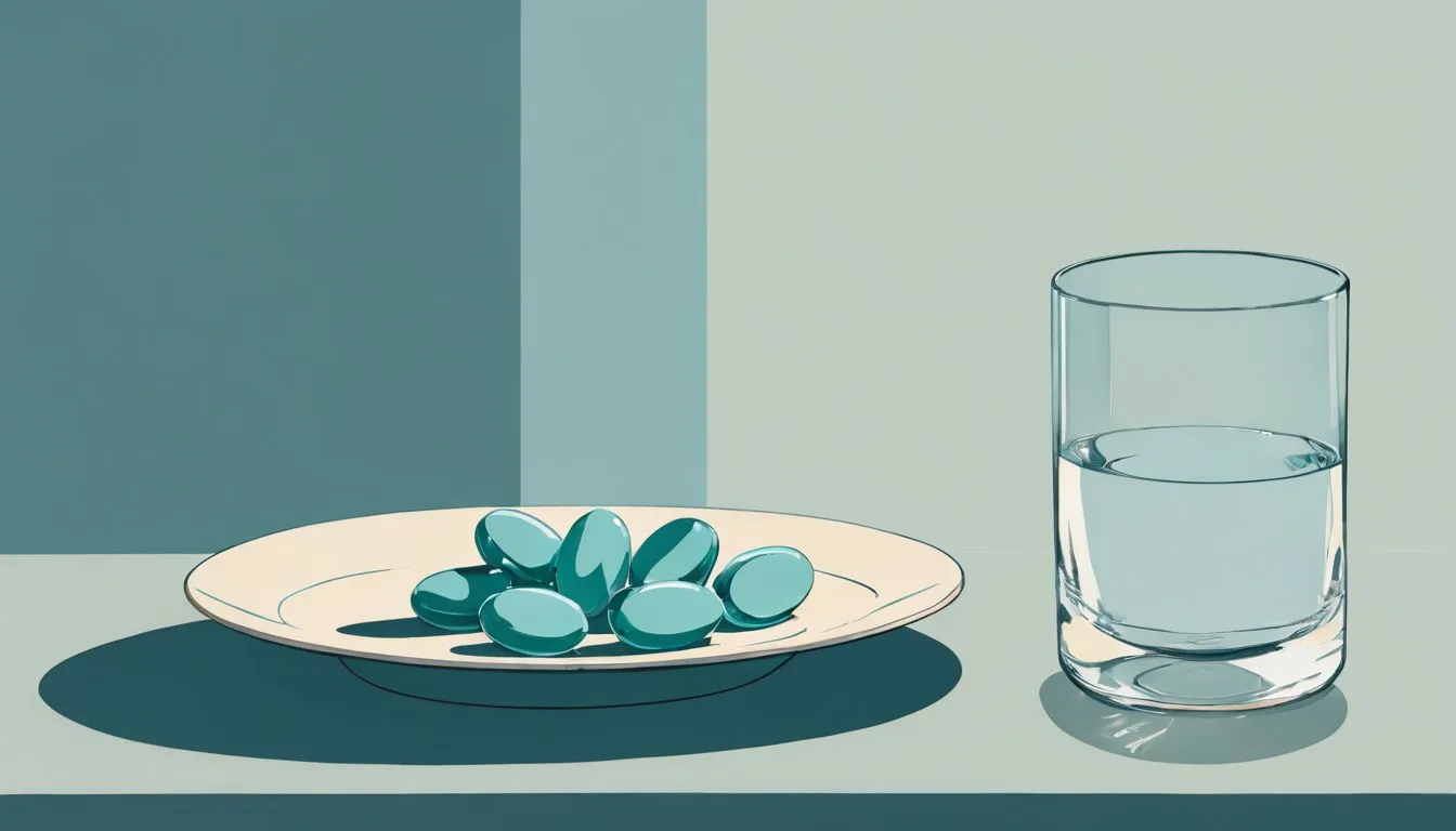 A dish of magnesium supplement capsules beside a glass of water, the choice to weigh in pregnancy