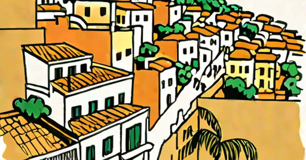 Illustrated hillside town with terra cotta roofs, whitewashed buildings, and green trees