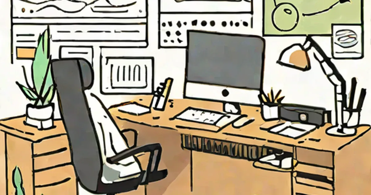 Developer working at desk surrounded by code windows and office supplies