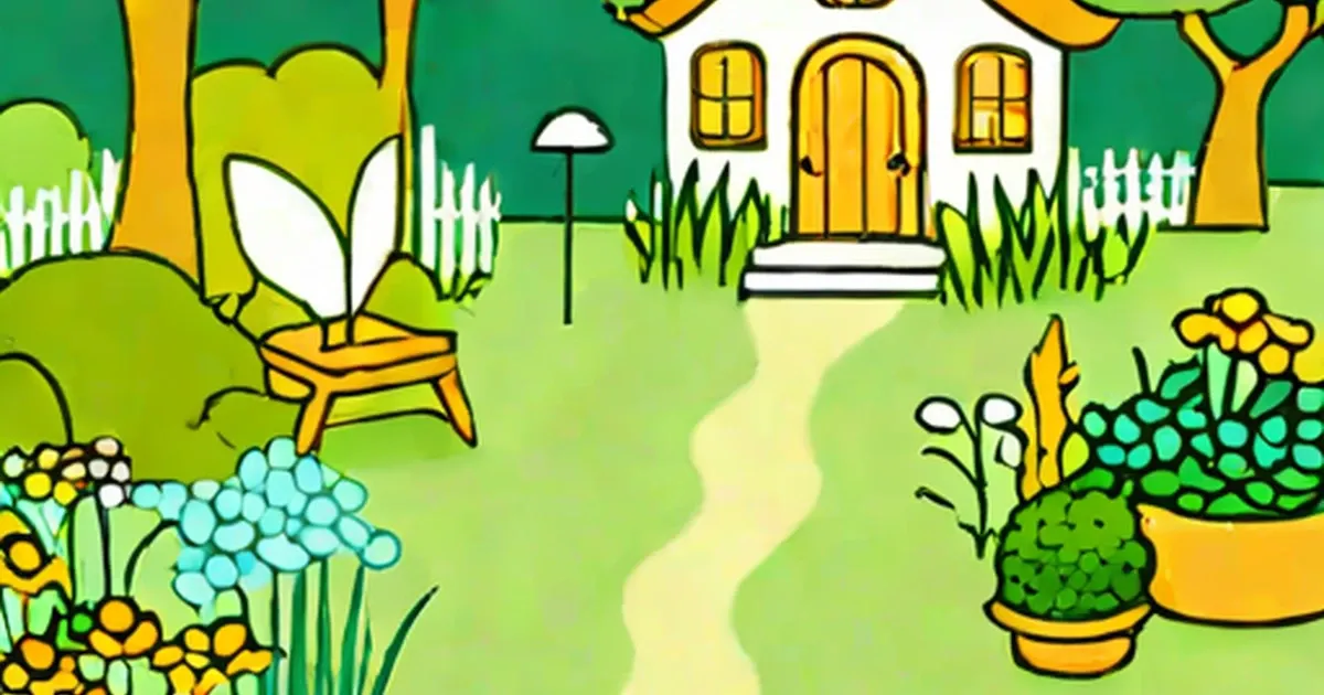 Illustrated fairy garden with a yellow house, flowers, and decorative plants