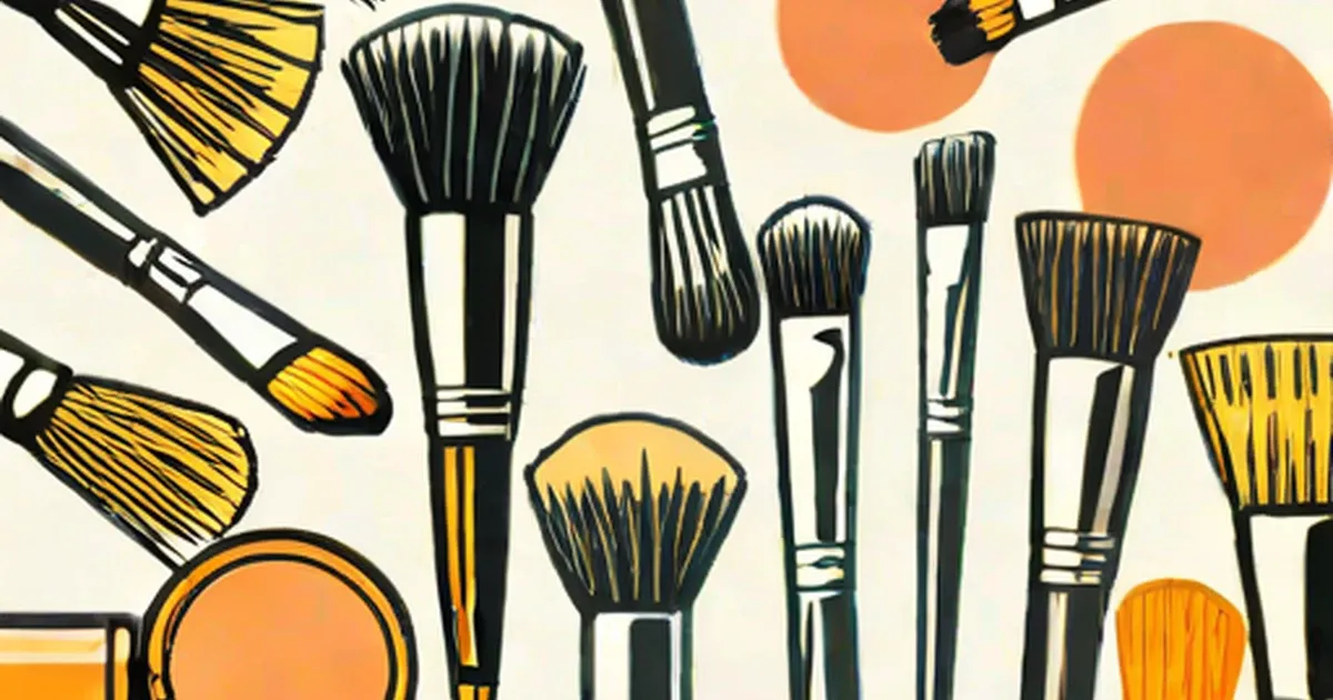 Illustrated makeup brushes with various shapes, gold bristles, and black handles on a cream background