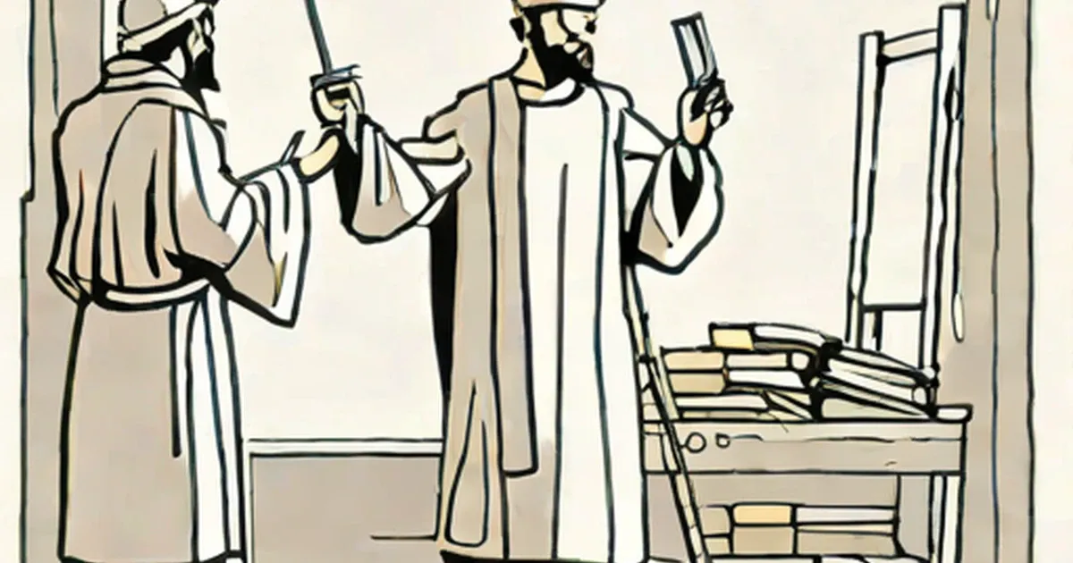 Illustration of robed soldiers and a prisoner in an execution scene